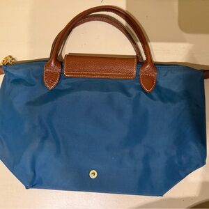 Longchamp Blue Tote Bag with Brown Accents (Mid size 8.7in height)